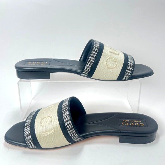 Gucci Jane Slide Sandals Black/White Embroidered Logo Flat Open Toe 38.5 US8.5 - Picture 3 of 11